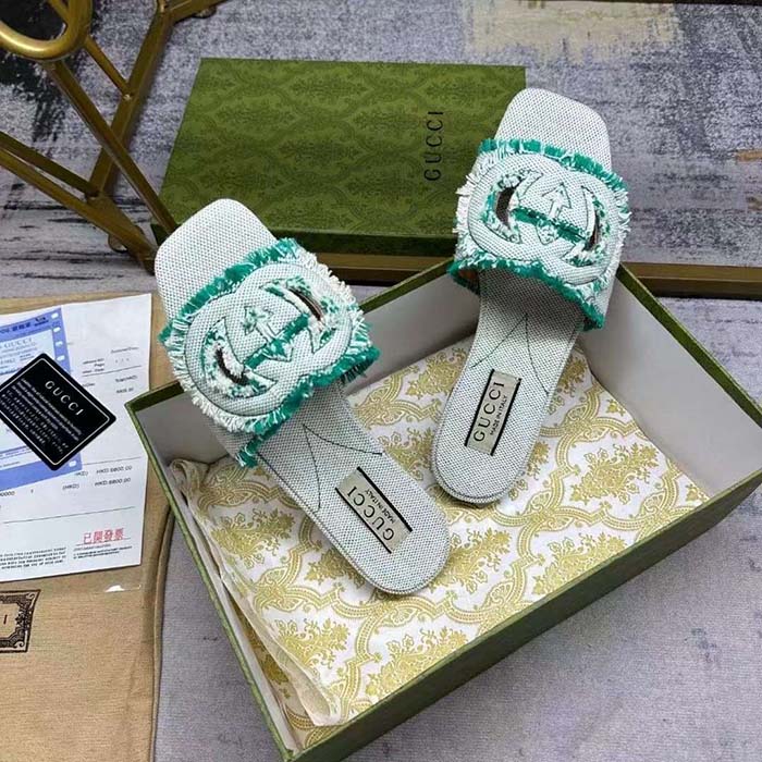G*u*i unisex gg interlocking g slide sandal light aquamarine canvas leather flat