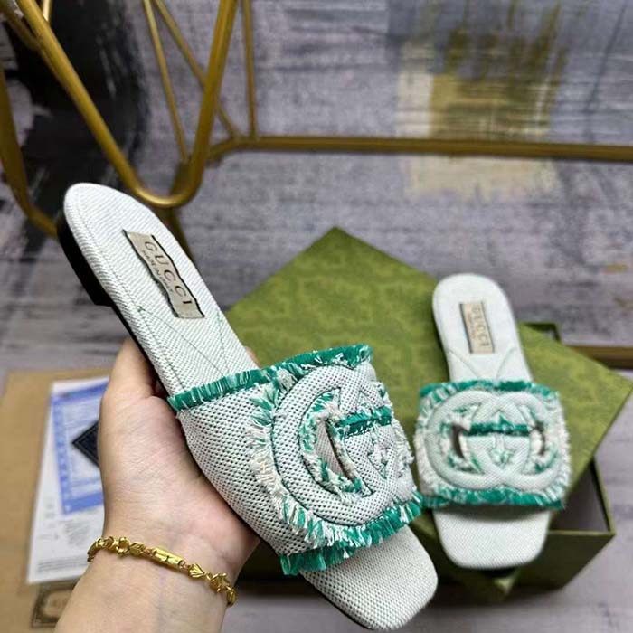 G*u*i unisex gg interlocking g slide sandal light aquamarine canvas leather flat