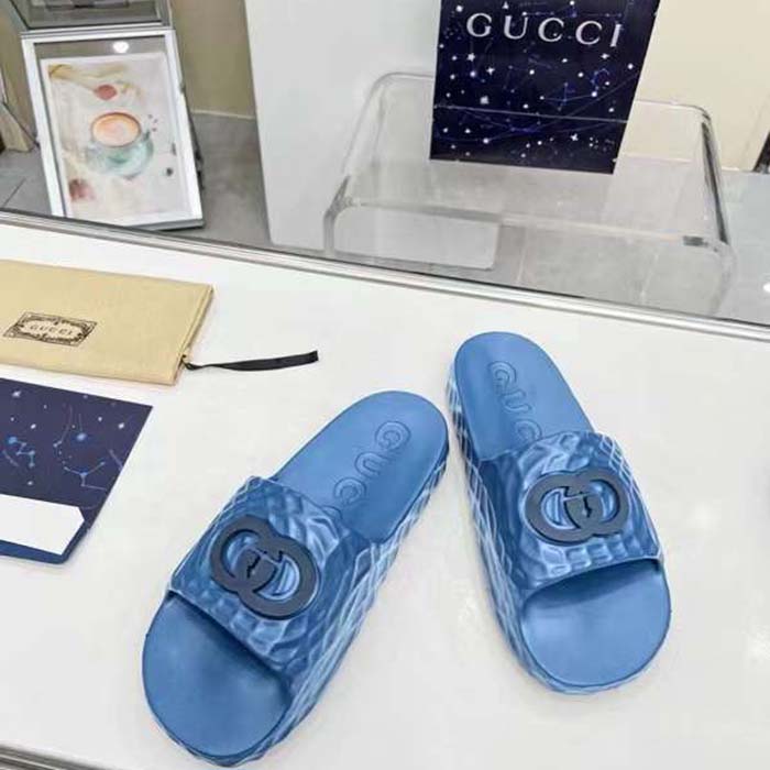 G*u*i unisex gg interlocking g slide sandal light blue textured rubber