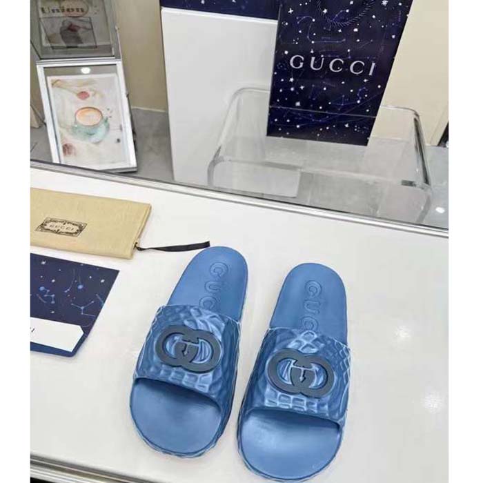 G*u*i unisex gg interlocking g slide sandal light blue textured rubber
