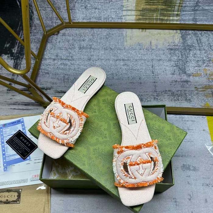 G*u*i unisex gg interlocking g slide sandal orange canvas leather flat
