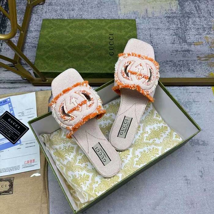 G*u*i unisex gg interlocking g slide sandal orange canvas leather flat