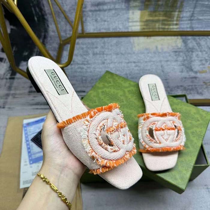 G*u*i unisex gg interlocking g slide sandal orange canvas leather flat