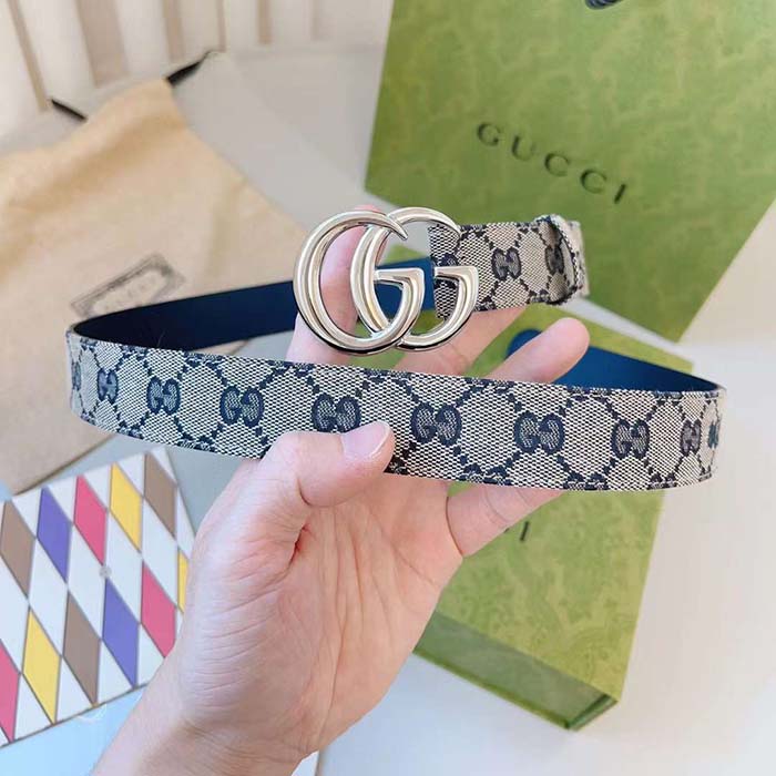 G*u*i unisex gg marmont reversible belt beige blue canvas double g buckle