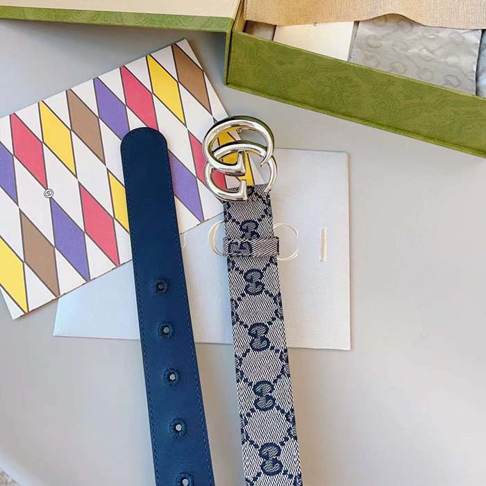G*u*i unisex gg marmont reversible belt beige blue canvas double g buckle