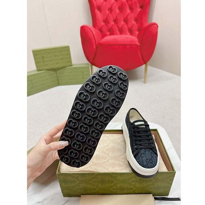G*u*i unisex gg sneaker tennis 1977 blue denim black crystals low heel