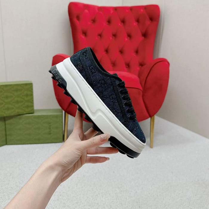 G*u*i unisex gg sneaker tennis 1977 blue denim black crystals low heel