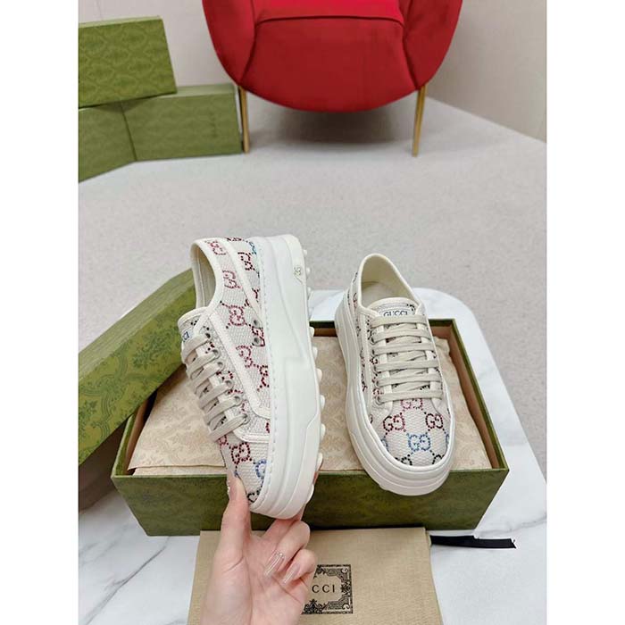 G*u*i unisex gg sneaker tennis 1977 off white canvas lamé crystals low heel
