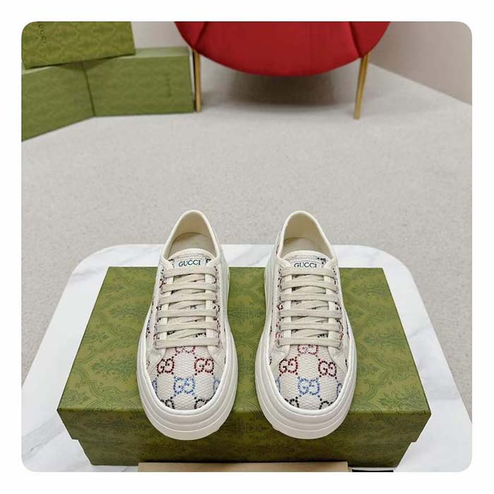 G*u*i unisex gg sneaker tennis 1977 off white canvas lamé crystals low heel