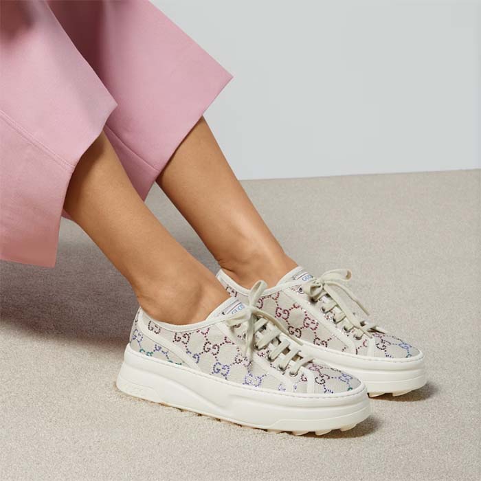 G*u*i unisex gg sneaker tennis 1977 off white canvas lamé crystals low heel