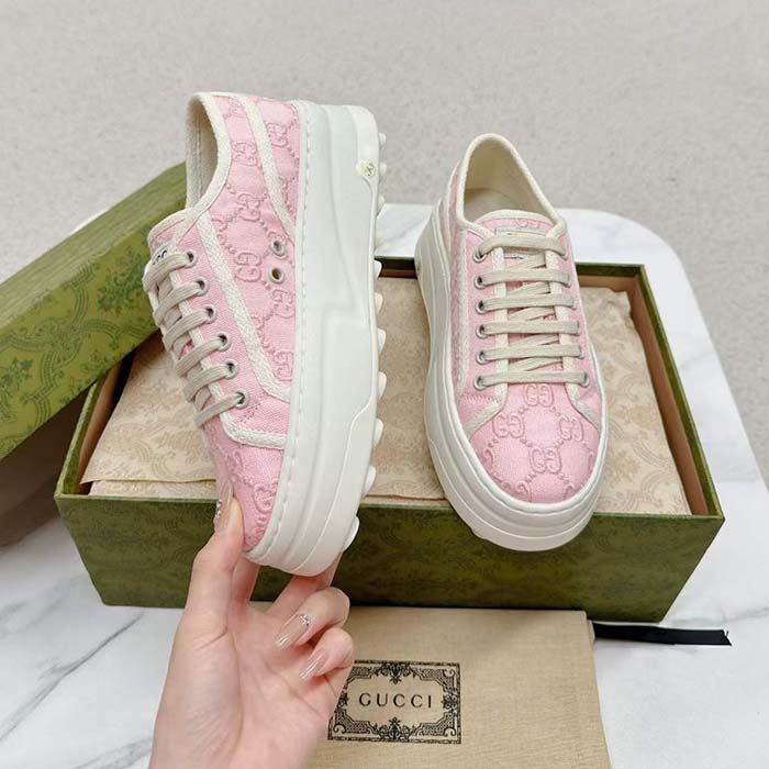 G*u*i unisex tennis 1977 sneaker light pink canvas gg embroideries mid-heel