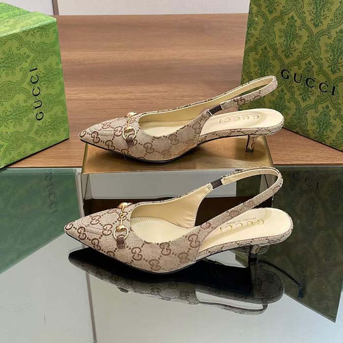 G*u*i women gg canvas slingback pump beige ebony horsebit low heel