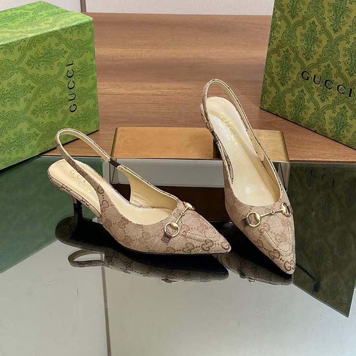 G*u*i women gg canvas slingback pump beige ebony horsebit low heel