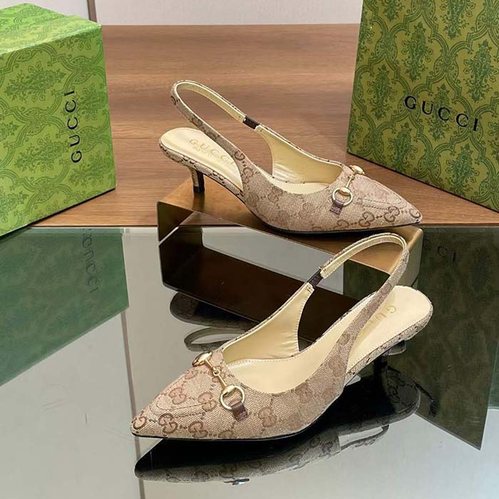 G*u*i women gg canvas slingback pump beige ebony horsebit low heel