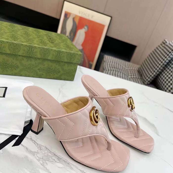 G*u*i women gg double g thong sandal pink matelassè chevron leather mid-heel