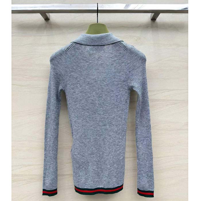 G*u*i women gg extra fine rib cashmere knit top grey silk polo neck