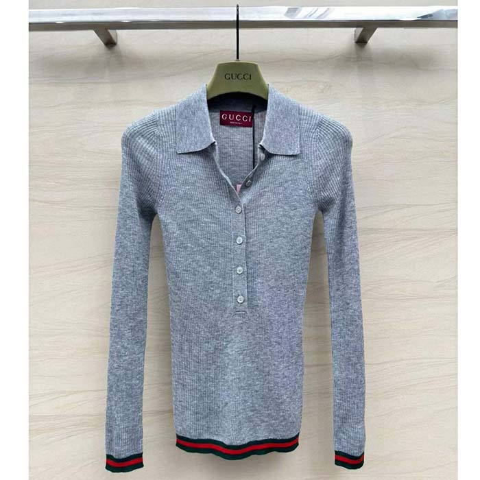 G*u*i women gg extra fine rib cashmere knit top grey silk polo neck