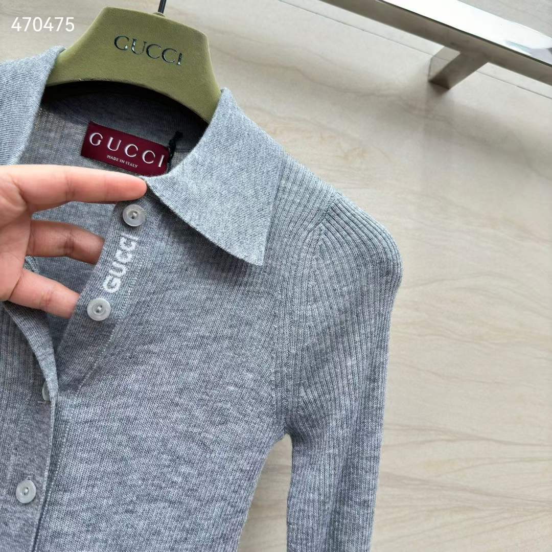 G*u*i women gg extra fine rib cashmere knit top grey silk polo neck