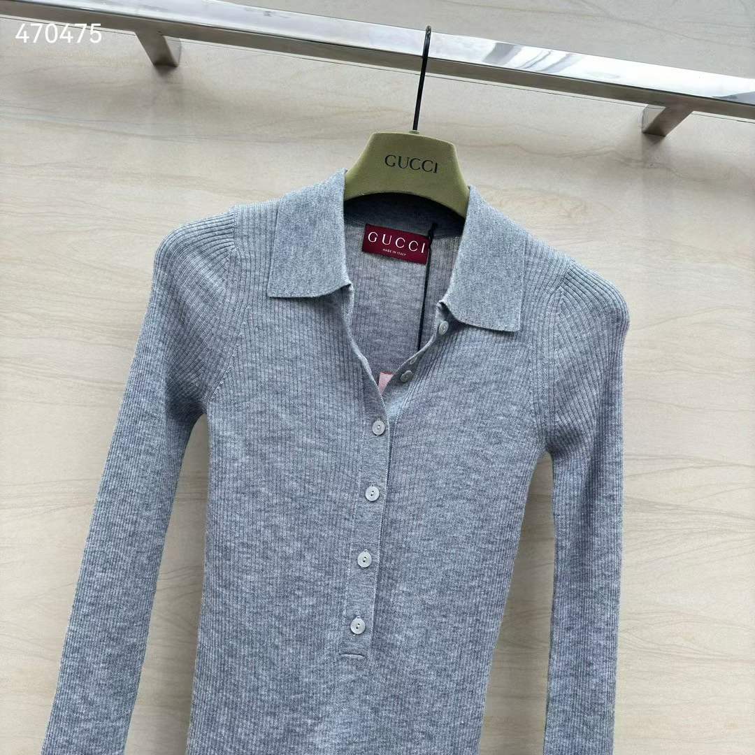 G*u*i women gg extra fine rib cashmere knit top grey silk polo neck