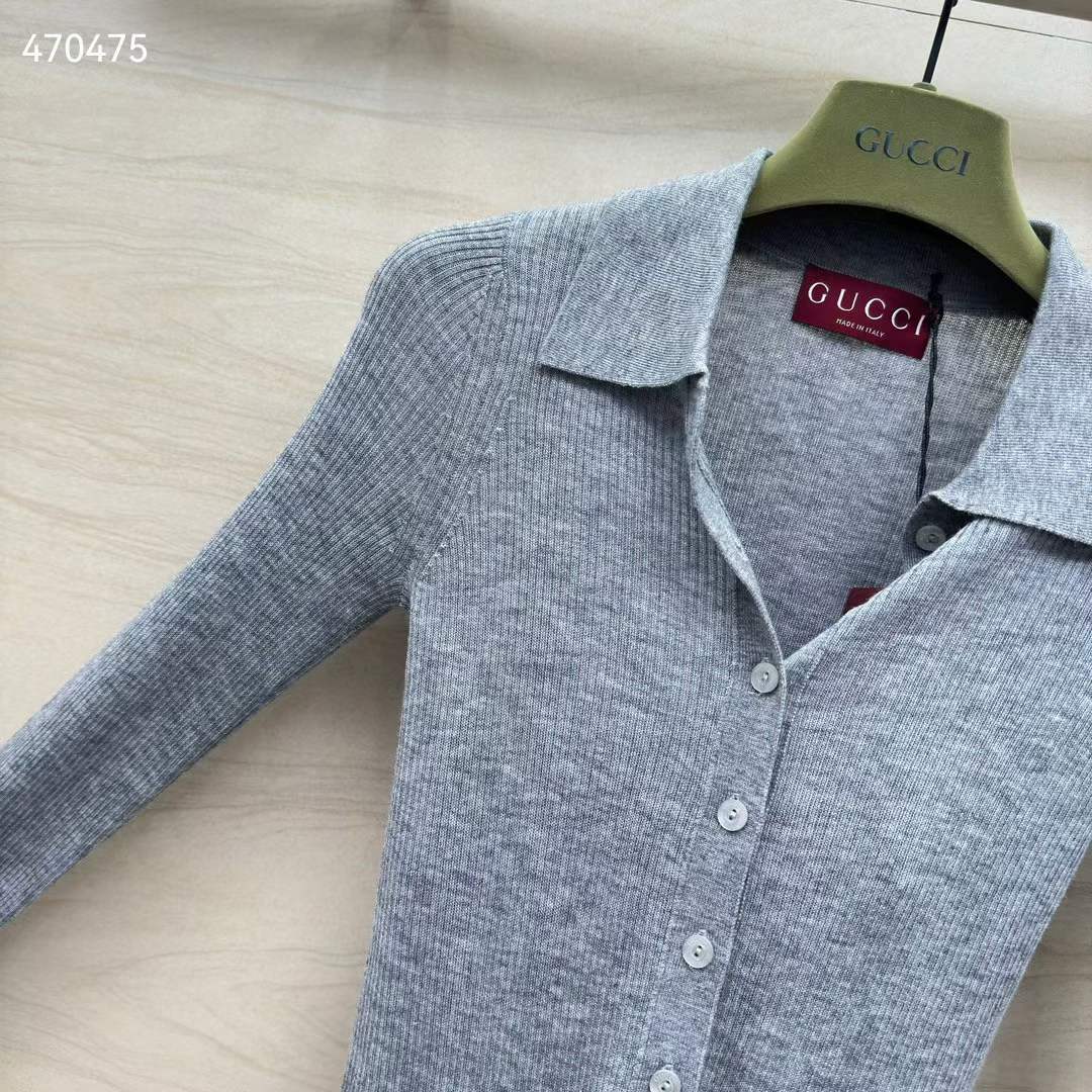 G*u*i women gg extra fine rib cashmere knit top grey silk polo neck