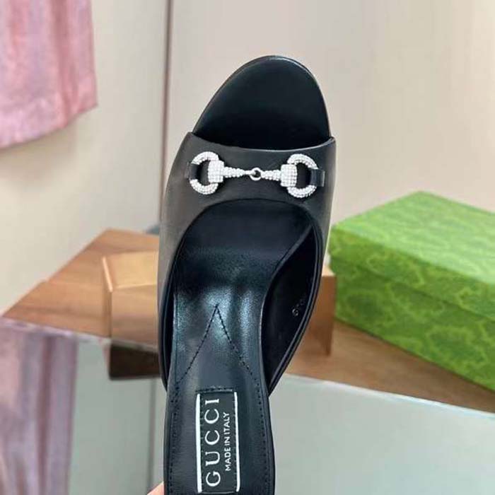 G*u*i women gg horsebit mid-heel slide sandal black leather crystals