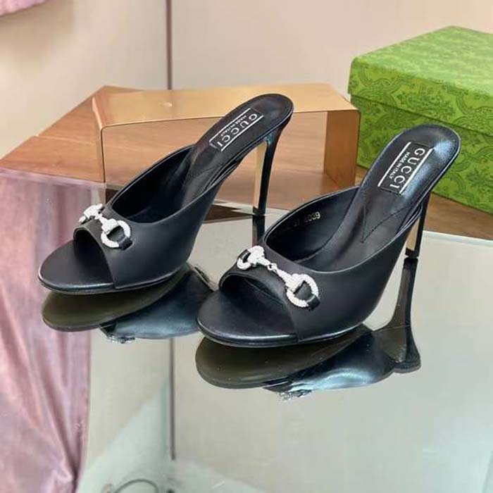 G*u*i women gg horsebit mid-heel slide sandal black leather crystals