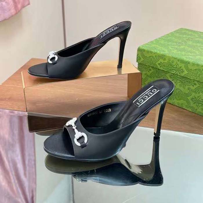 G*u*i women gg horsebit mid-heel slide sandal black leather crystals