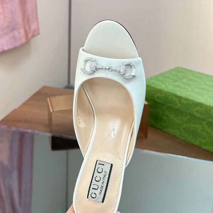 G*u*i women gg horsebit mid-heel slide sandal white leather crystals