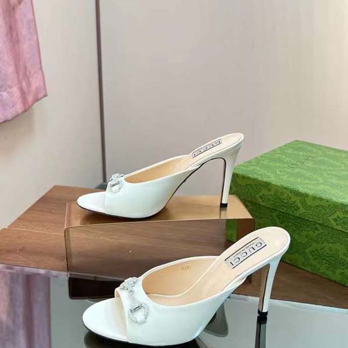 G*u*i women gg horsebit mid-heel slide sandal white leather crystals