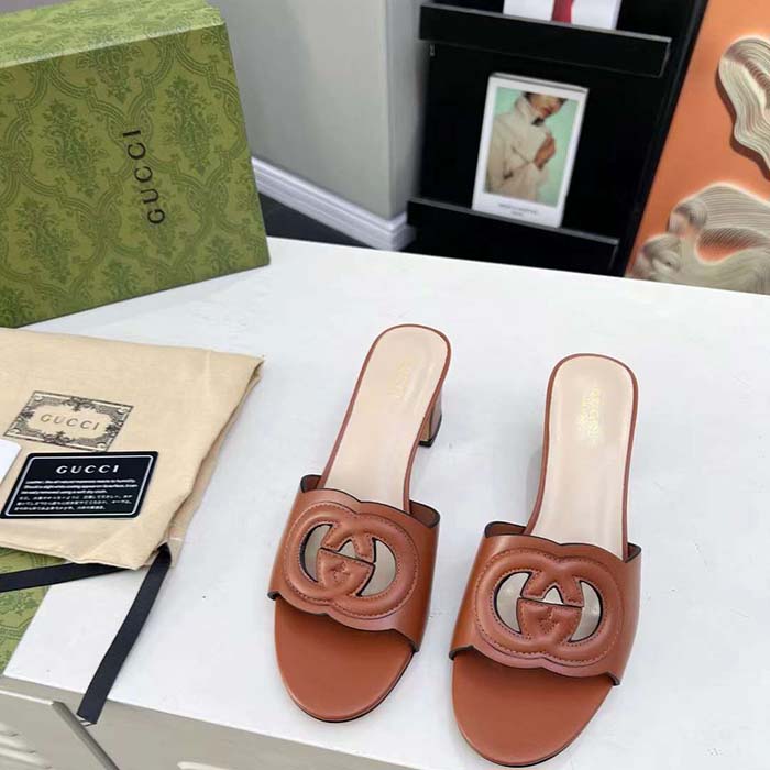 G*u*i women gg interlocking g slide sandal brown leather mid-heel