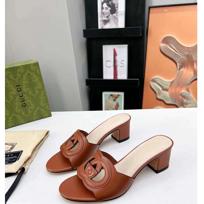 G*u*i women gg interlocking g slide sandal brown leather mid-heel