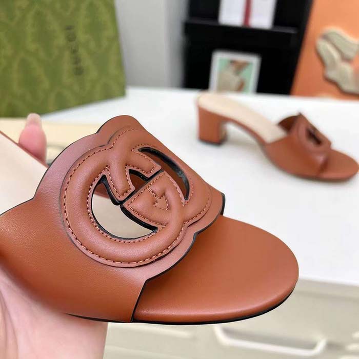 G*u*i women gg interlocking g slide sandal brown leather mid-heel