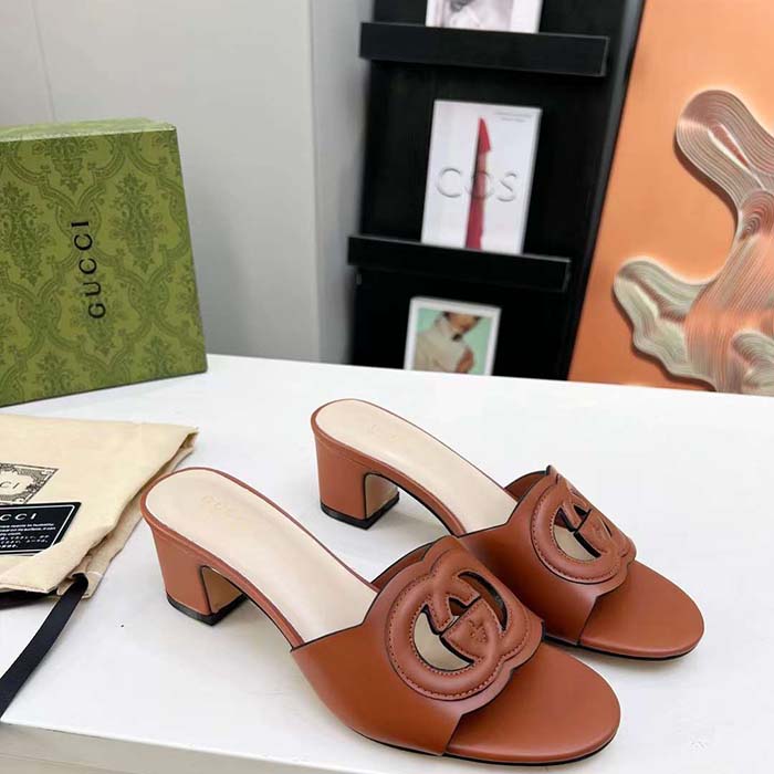G*u*i women gg interlocking g slide sandal brown leather mid-heel