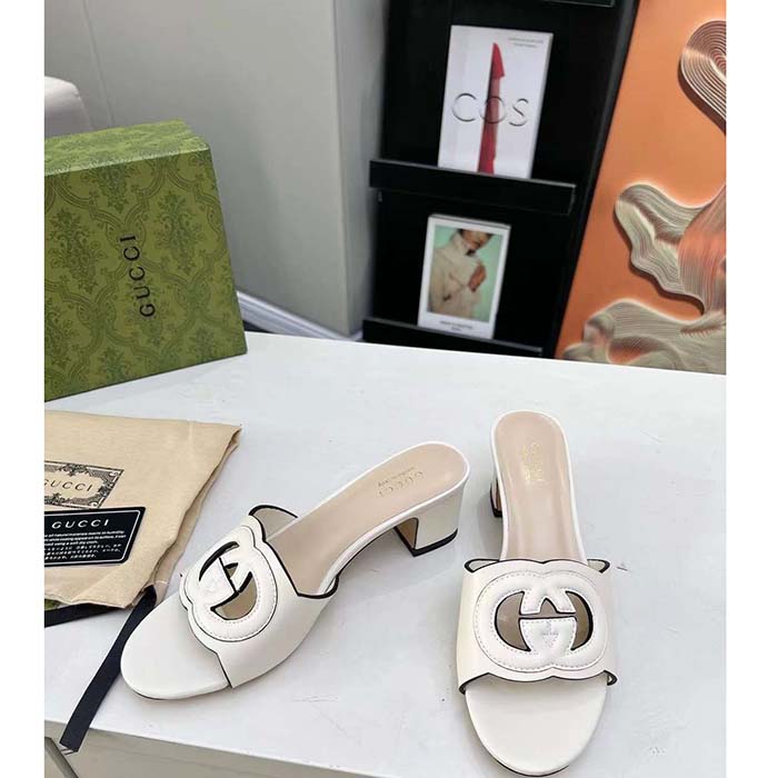 G*u*i women gg interlocking g slide sandal white leather mid-heel