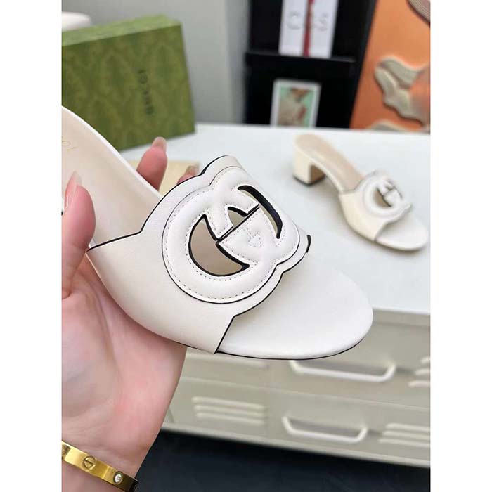 G*u*i women gg interlocking g slide sandal white leather mid-heel
