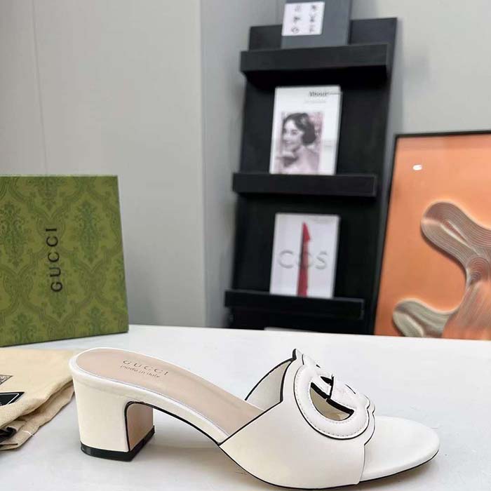 G*u*i women gg interlocking g slide sandal white leather mid-heel
