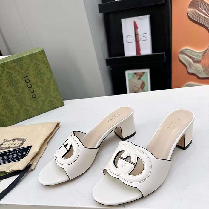 G*u*i women gg interlocking g slide sandal white leather mid-heel