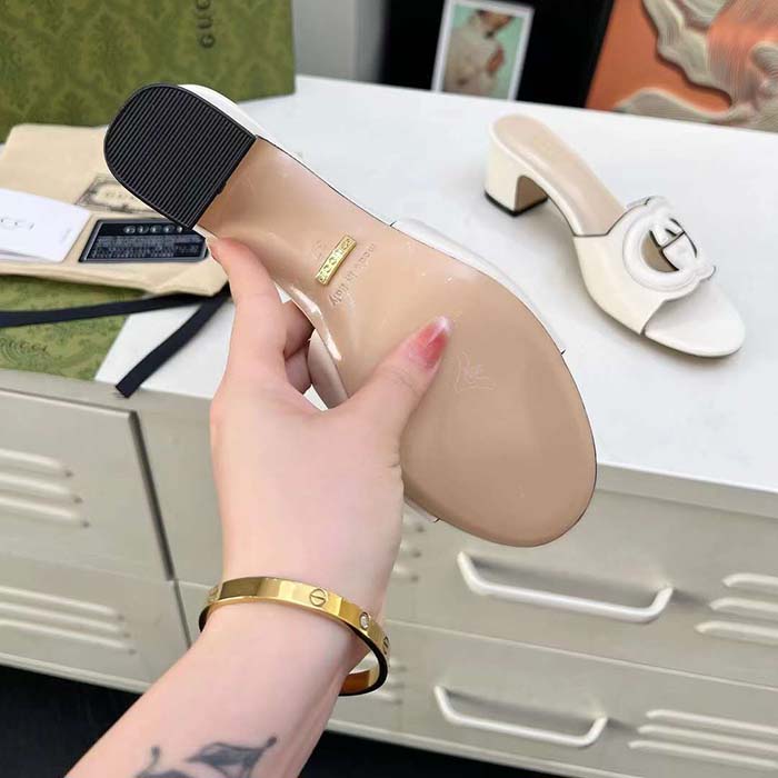 G*u*i women gg interlocking g slide sandal white leather mid-heel