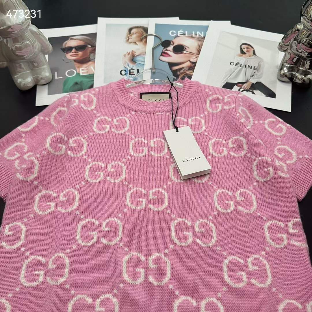 G*u*i women gg knit wool top pink crewneck short sleeves