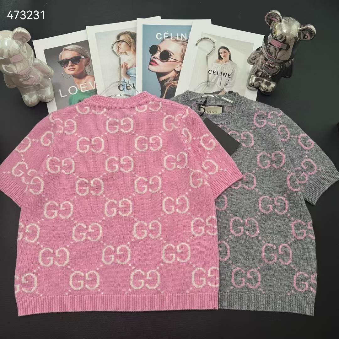 G*u*i women gg knit wool top pink crewneck short sleeves