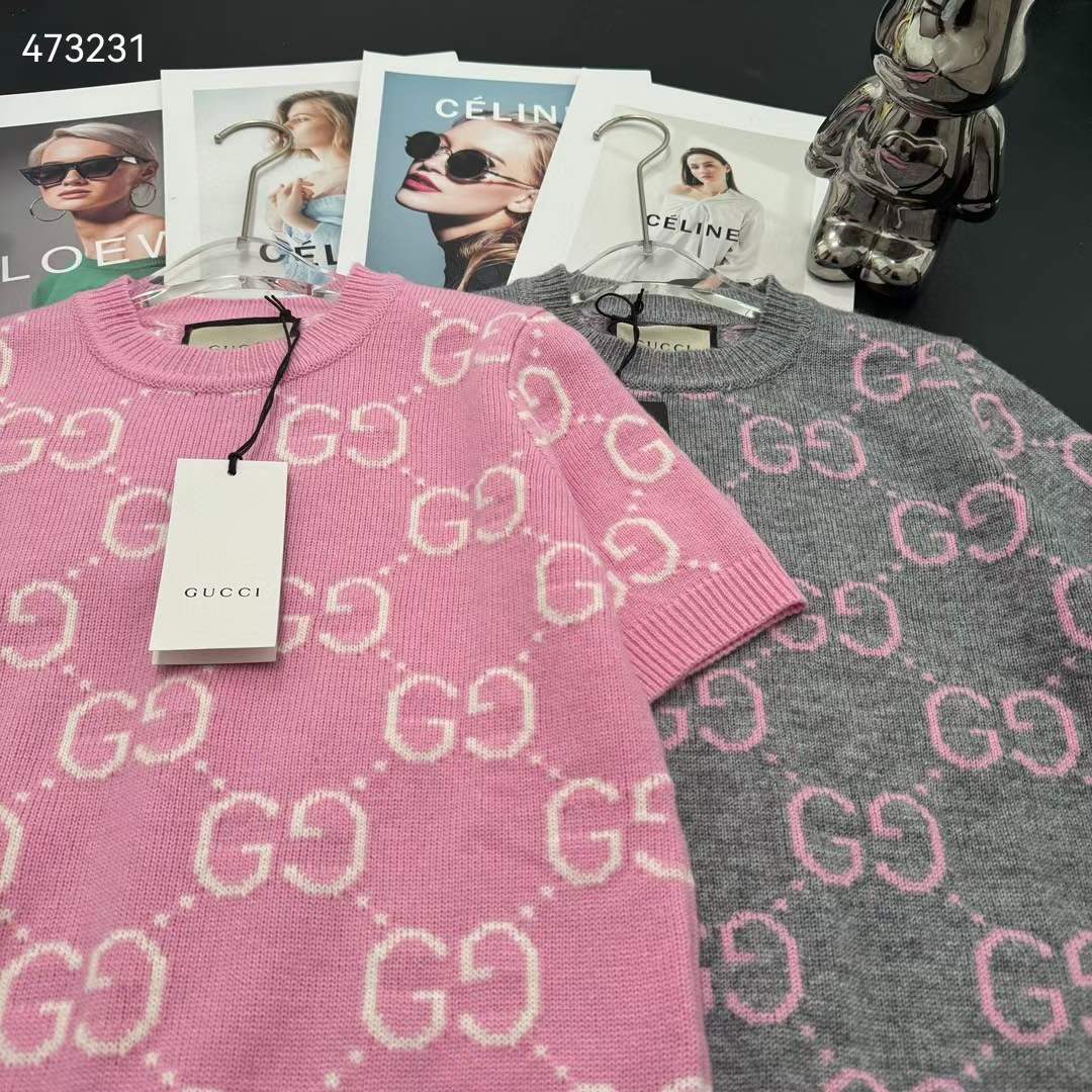 G*u*i women gg knit wool top pink crewneck short sleeves