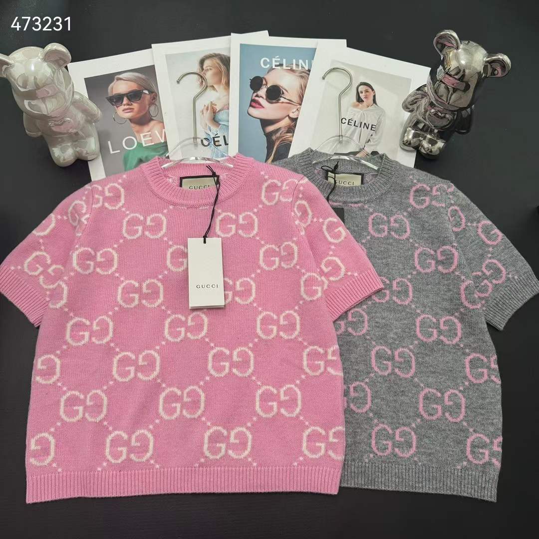 G*u*i women gg knit wool top pink crewneck short sleeves