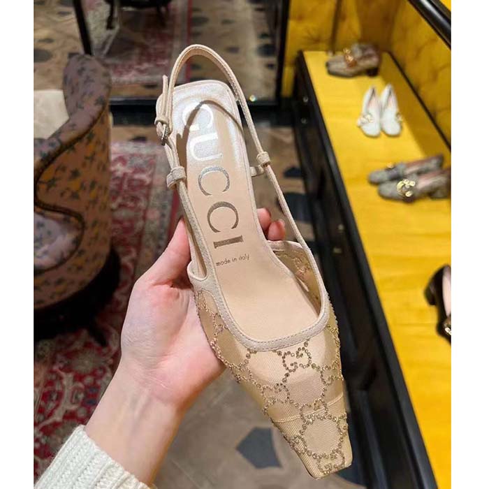 G*u*i women gg slingback ballet flat rose beige mesh gg crystals leather