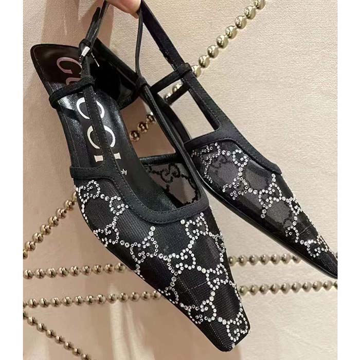 G*u*i women gg slingback ballet flat black mesh gg crystals leather