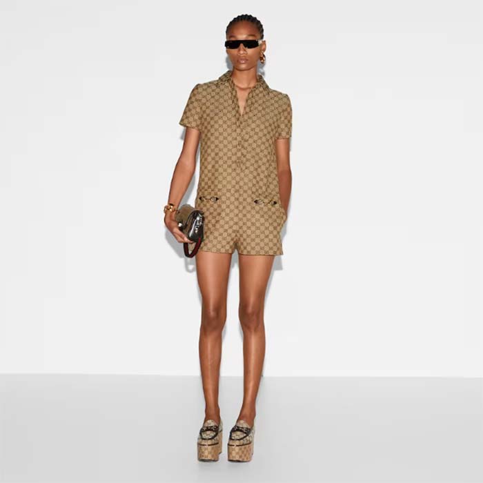 G*u*i women original gg canvas jumpsuit point neck short sleeves straight fit