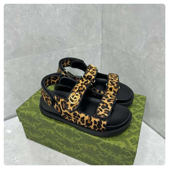 G*u*i women’s double g sandal brown black leopard print calf hair fabric