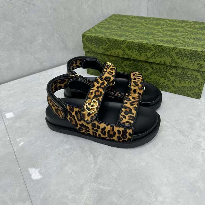 G*u*i women’s double g sandal brown black leopard print calf hair fabric