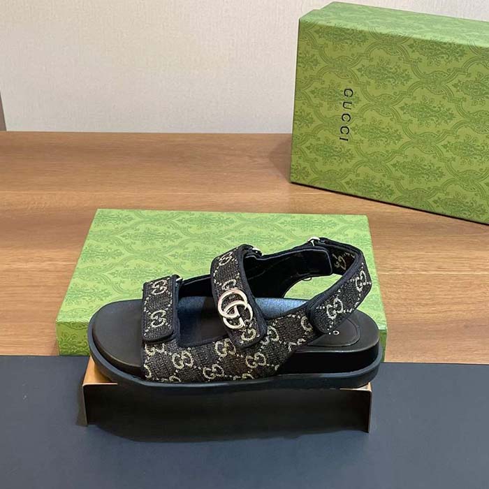 G*u*i women’s sandal double g black grey gg denim rubber flat