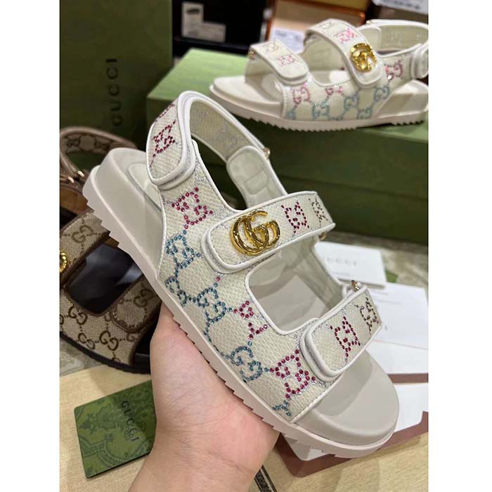 G*u*i women’s sandal double g ivory gg crystal canvas rubber sole flat
