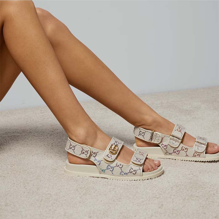 G*u*i women’s sandal double g ivory gg crystal canvas rubber sole flat